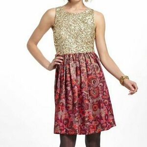 Wren Anthropologie Gold and Red Patterned Dress